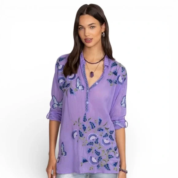 Johnny Was Slim Audrey Tunic Womens Boho M Lavender Embroidered Butterfly Top - Picture 1 of 16
